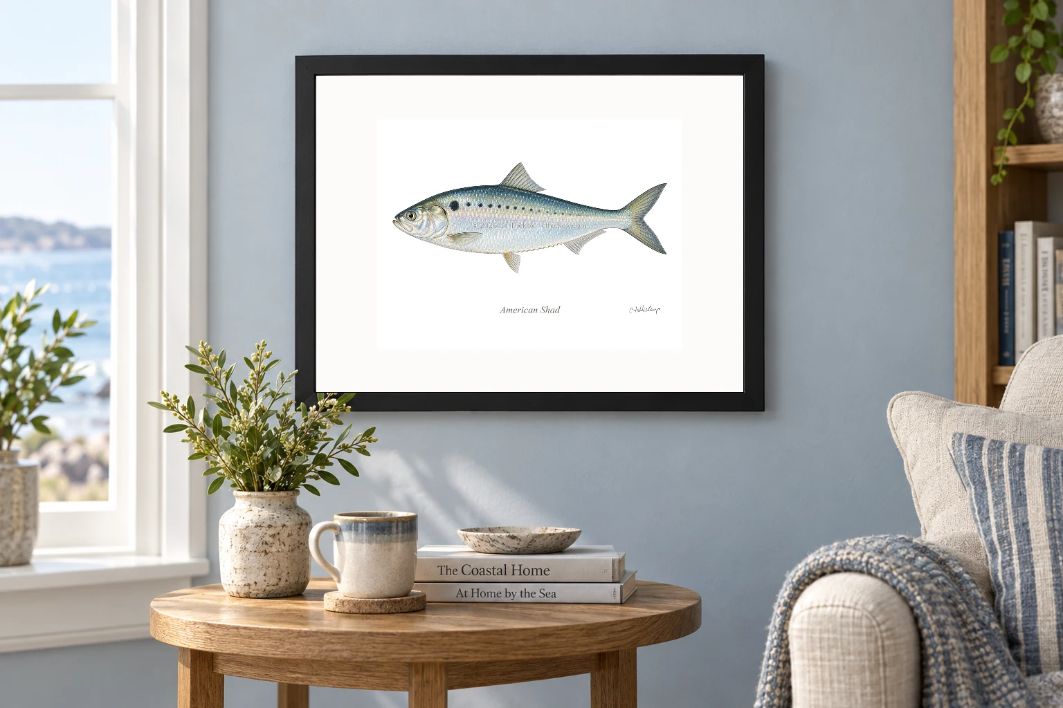 American Shad in a black 14 × 11 landscape frame, white mat and 10 × 8 opening, above a wooden console