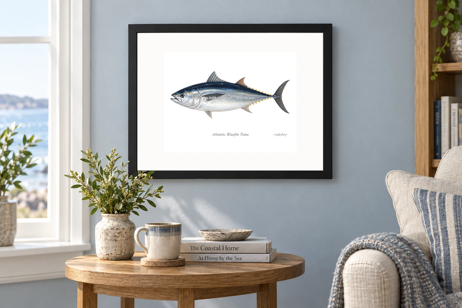 Atlantic Bluefin Tuna in a black 14 × 11 landscape frame, white mat and 10 × 8 opening, above a wooden console