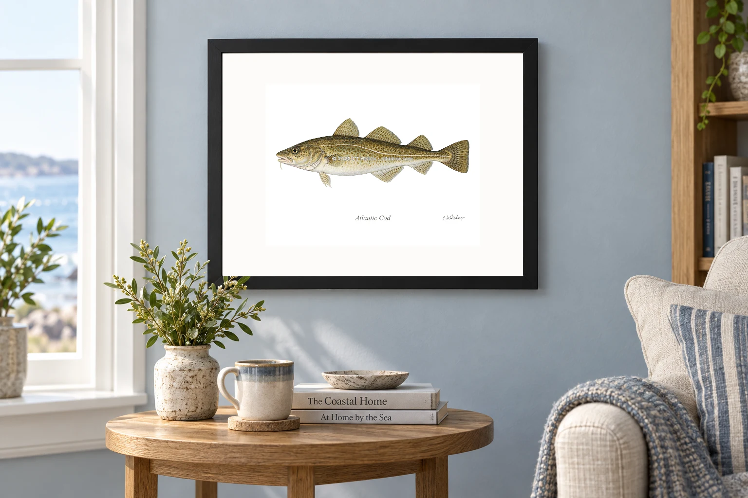 Atlantic Cod in a black 14 × 11 landscape frame, white mat and 10 × 8 opening, above a wooden console