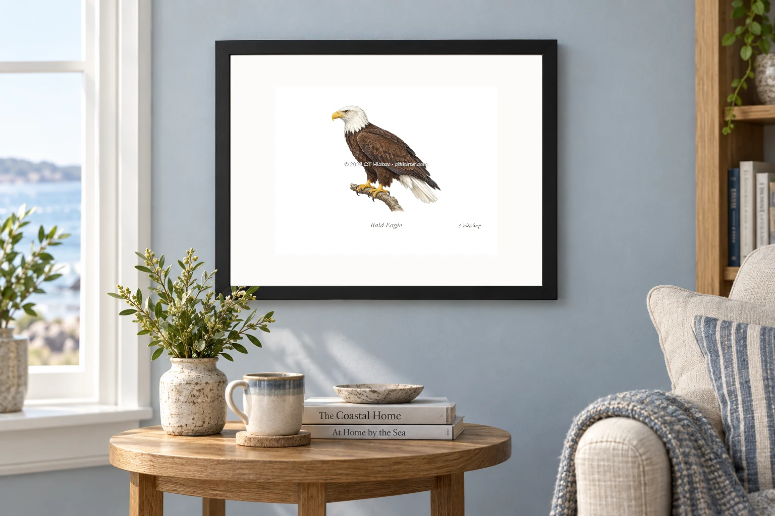 Bald Eagle in a black 14 × 11 landscape frame, white mat and 10 × 8 opening, above a wooden console