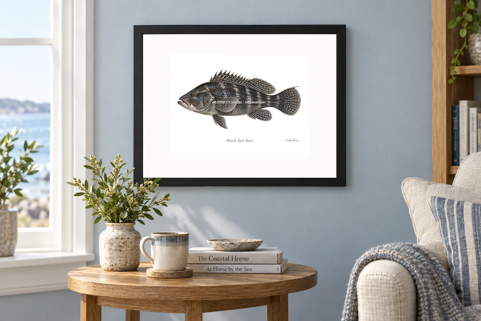 Black Sea Bass in a black 14 × 11 landscape frame, white mat and 10 × 8 opening, above a wooden console