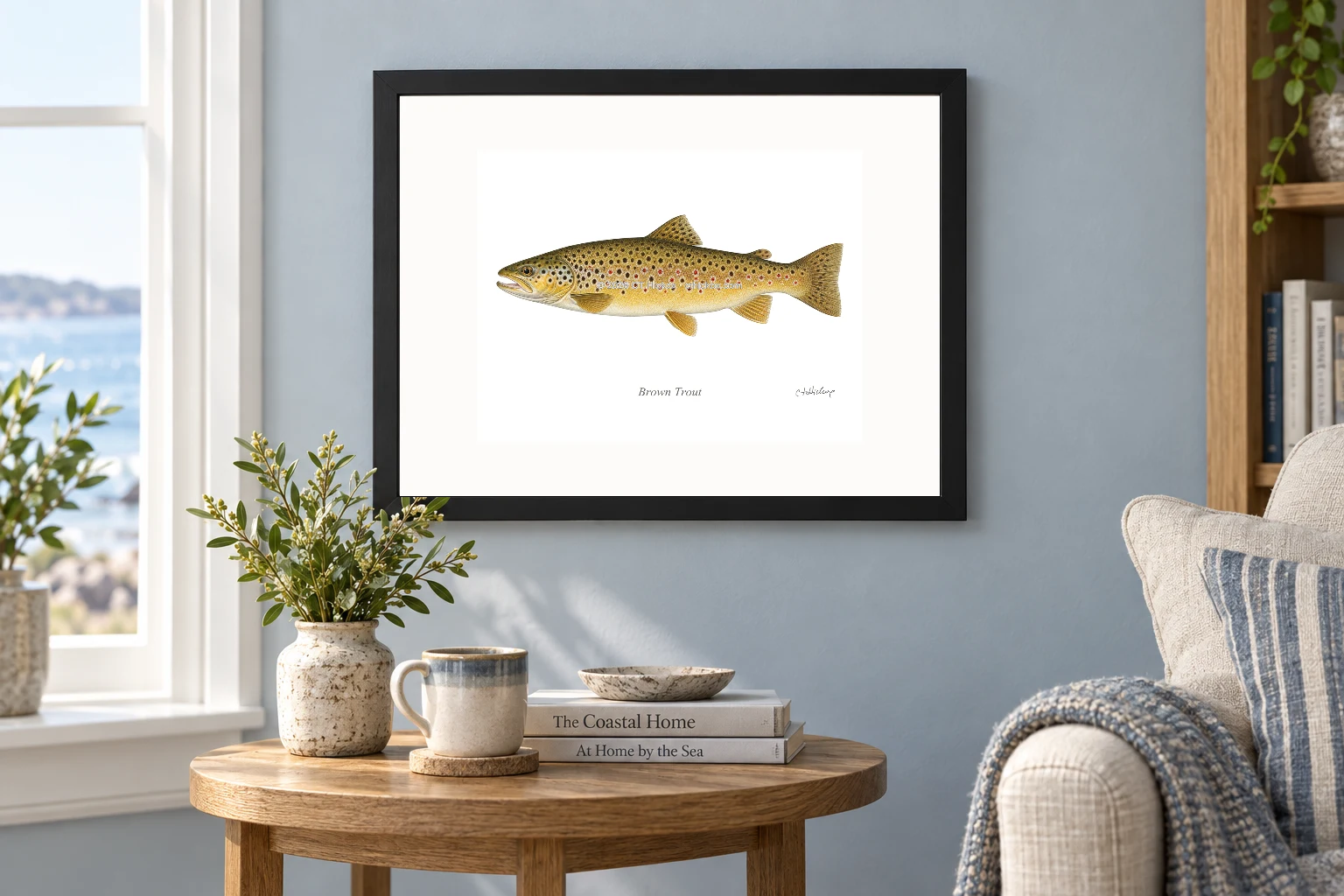 Brown Trout in a black 14 × 11 landscape frame, white mat and 10 × 8 opening, above a wooden console