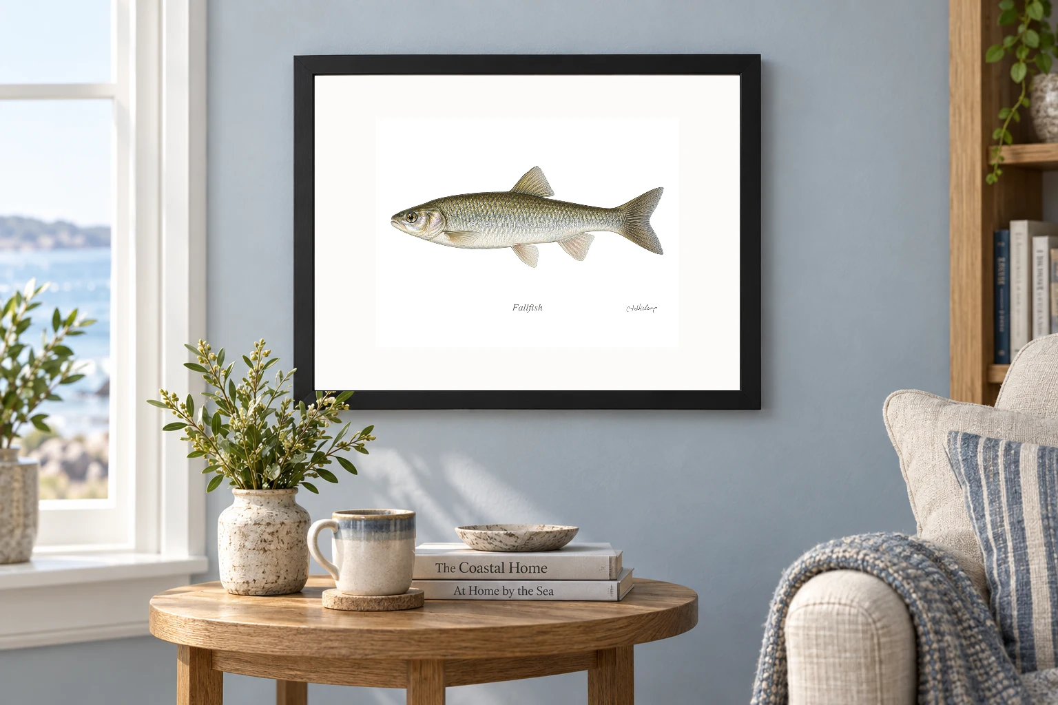 Fallfish in a black 14 × 11 landscape frame, white mat and 10 × 8 opening, above a wooden console