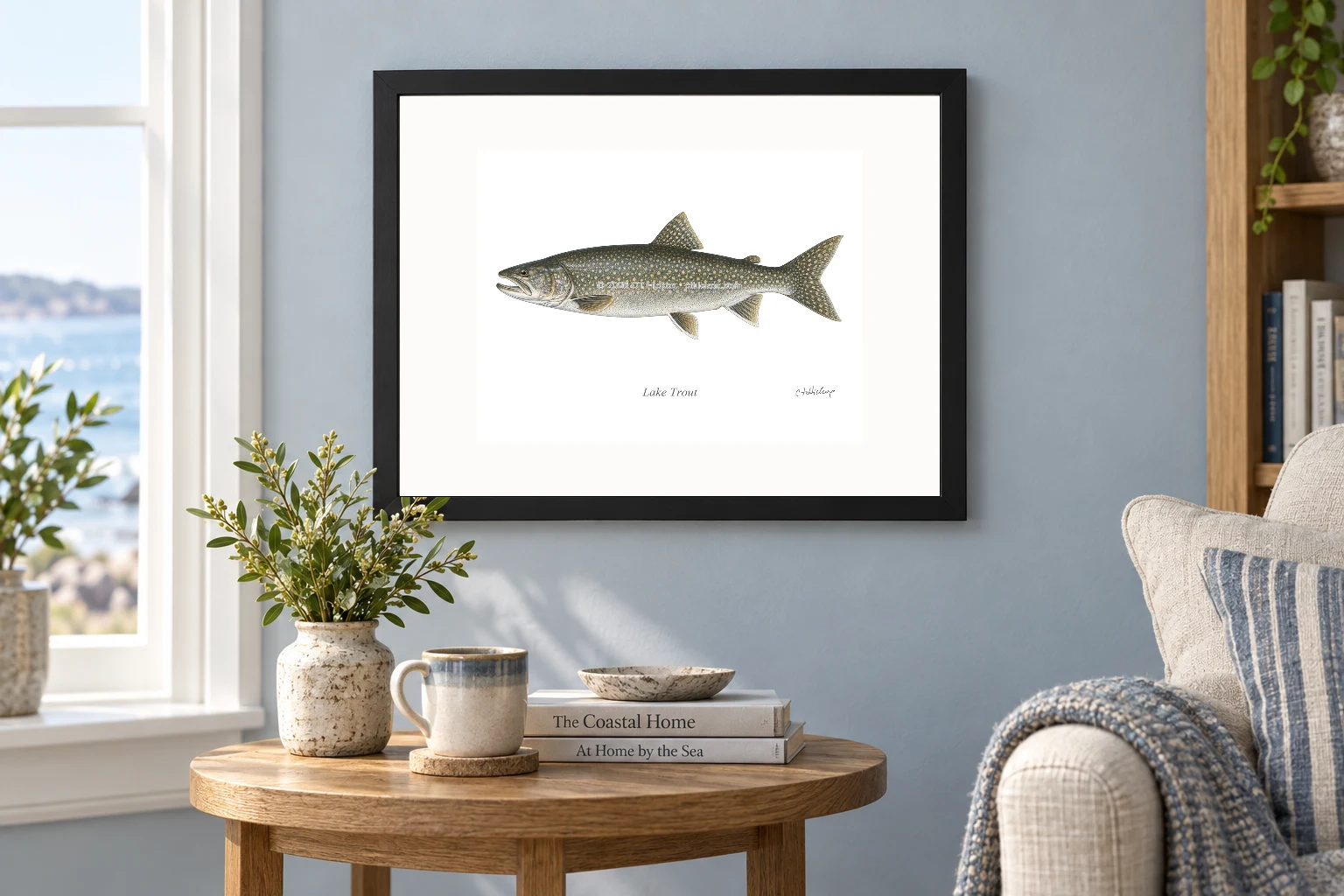Lake Trout in a black 14 × 11 landscape frame, white mat and 10 × 8 opening, above a wooden console