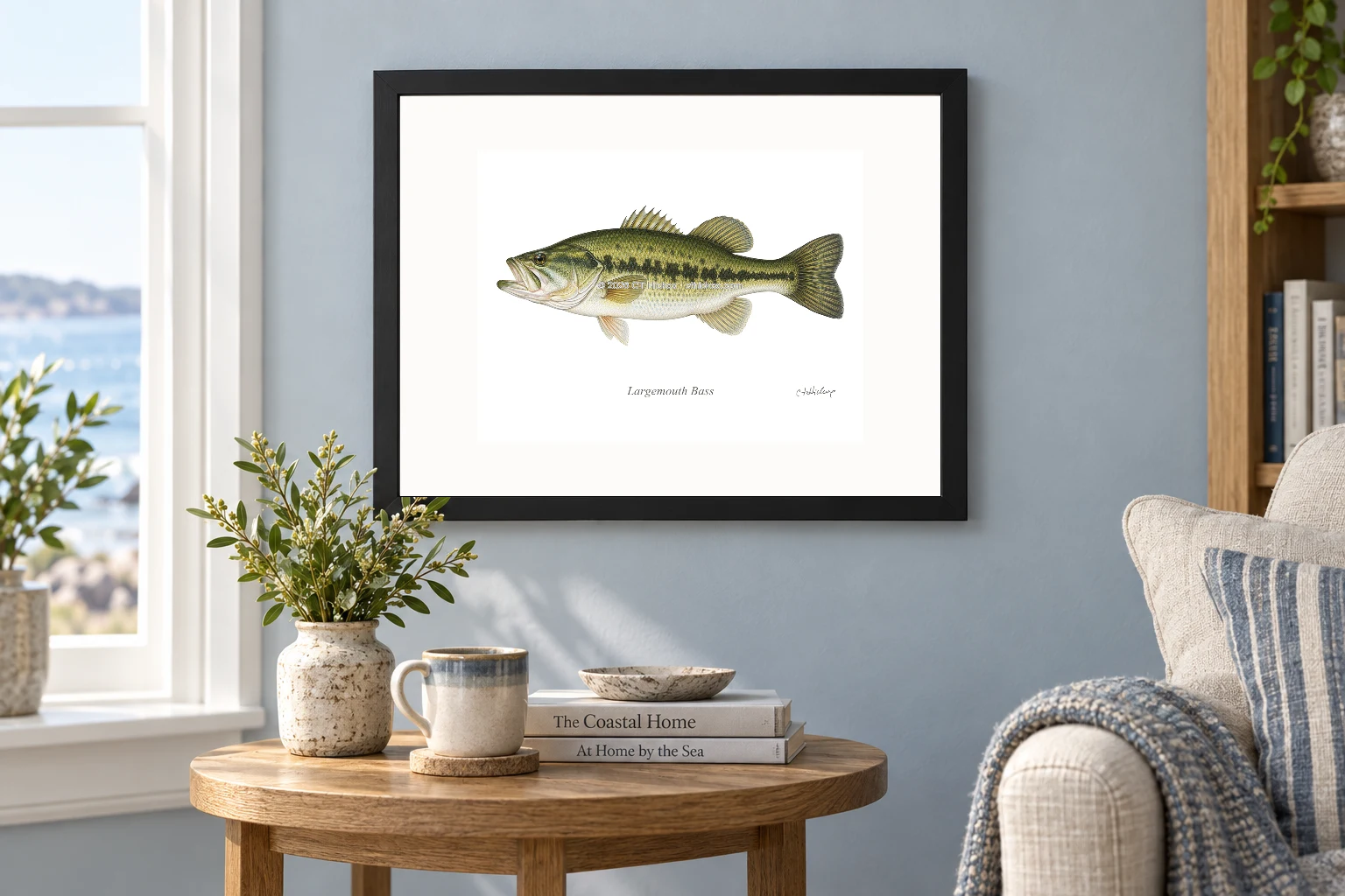 Largemouth Bass in a black 14 × 11 landscape frame, white mat and 10 × 8 opening, above a wooden console