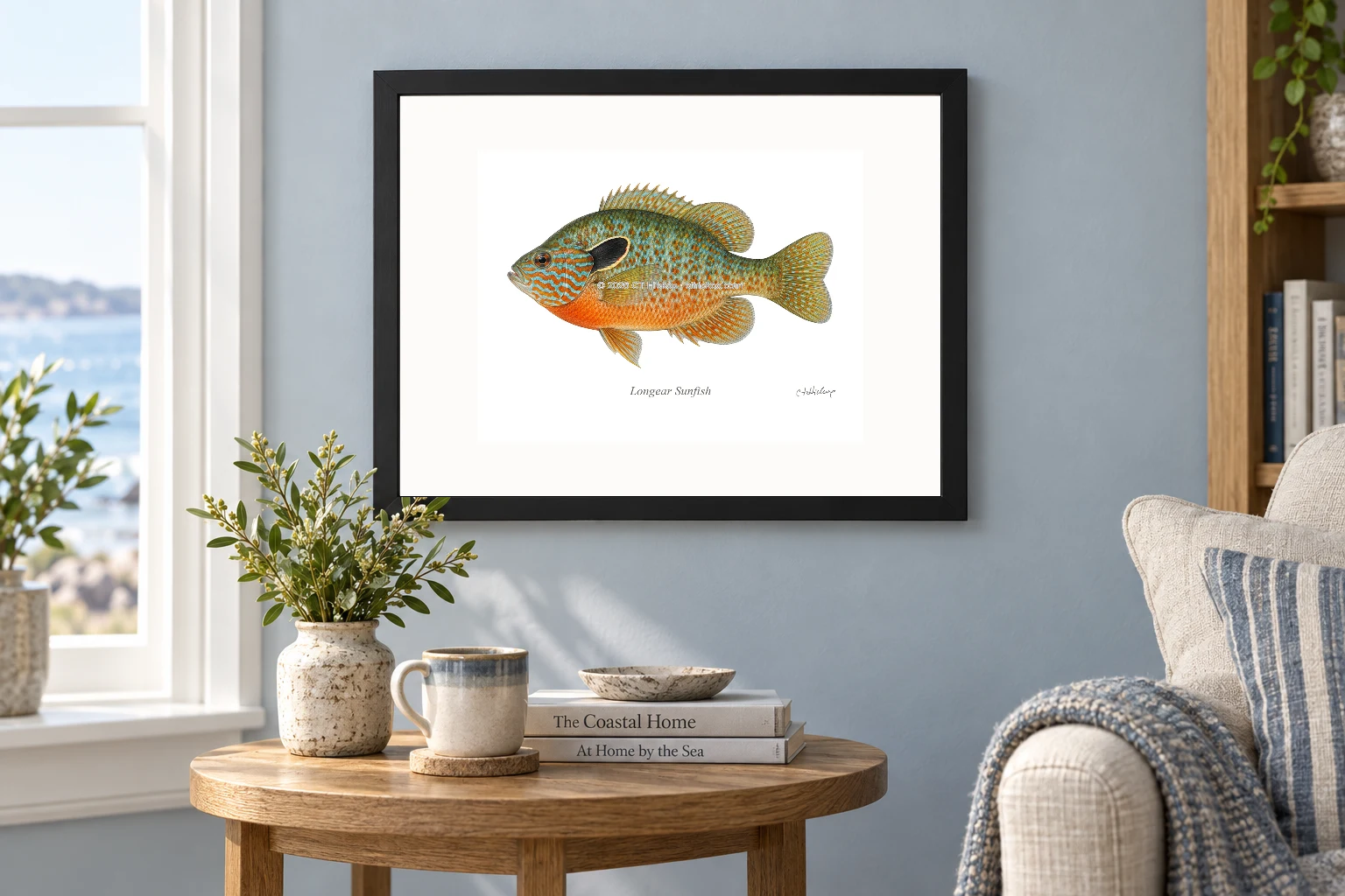 Longear Sunfish in a black 14 × 11 landscape frame, white mat and 10 × 8 opening, above a wooden console