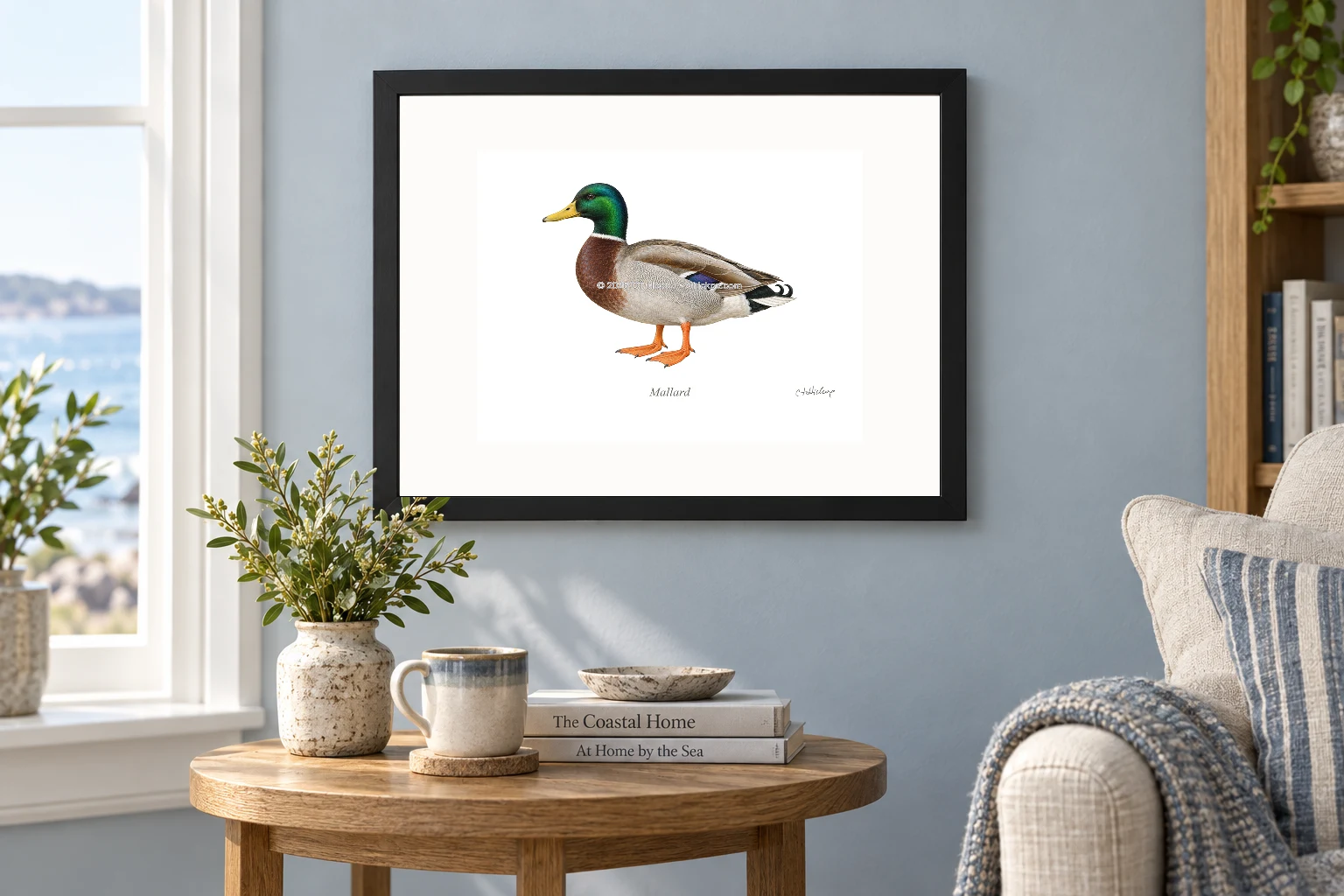 Mallard in a black 14 × 11 landscape frame, white mat and 10 × 8 opening, above a wooden console