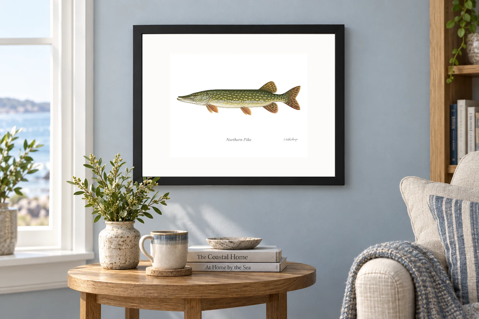 Northern Pike in a black 14 × 11 landscape frame, white mat and 10 × 8 opening, above a wooden console