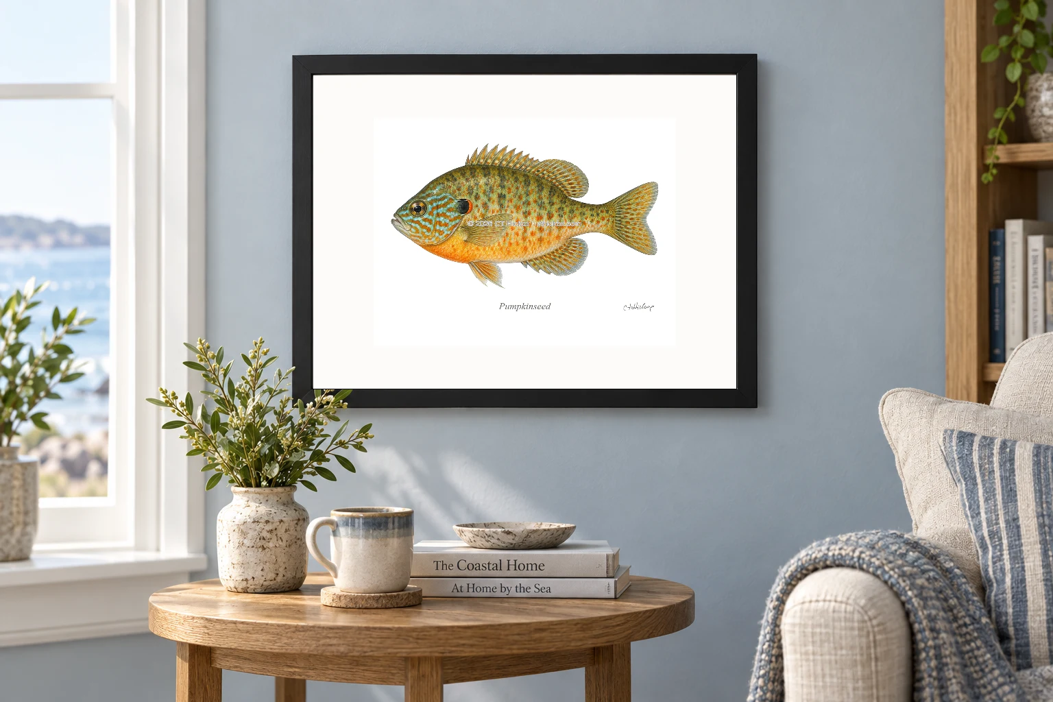Pumpkinseed in a black 14 × 11 landscape frame, white mat and 10 × 8 opening, above a wooden console