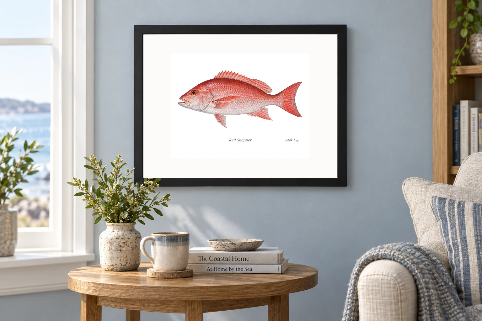 Red Snapper in a black 14 × 11 landscape frame, white mat and 10 × 8 opening, above a wooden console