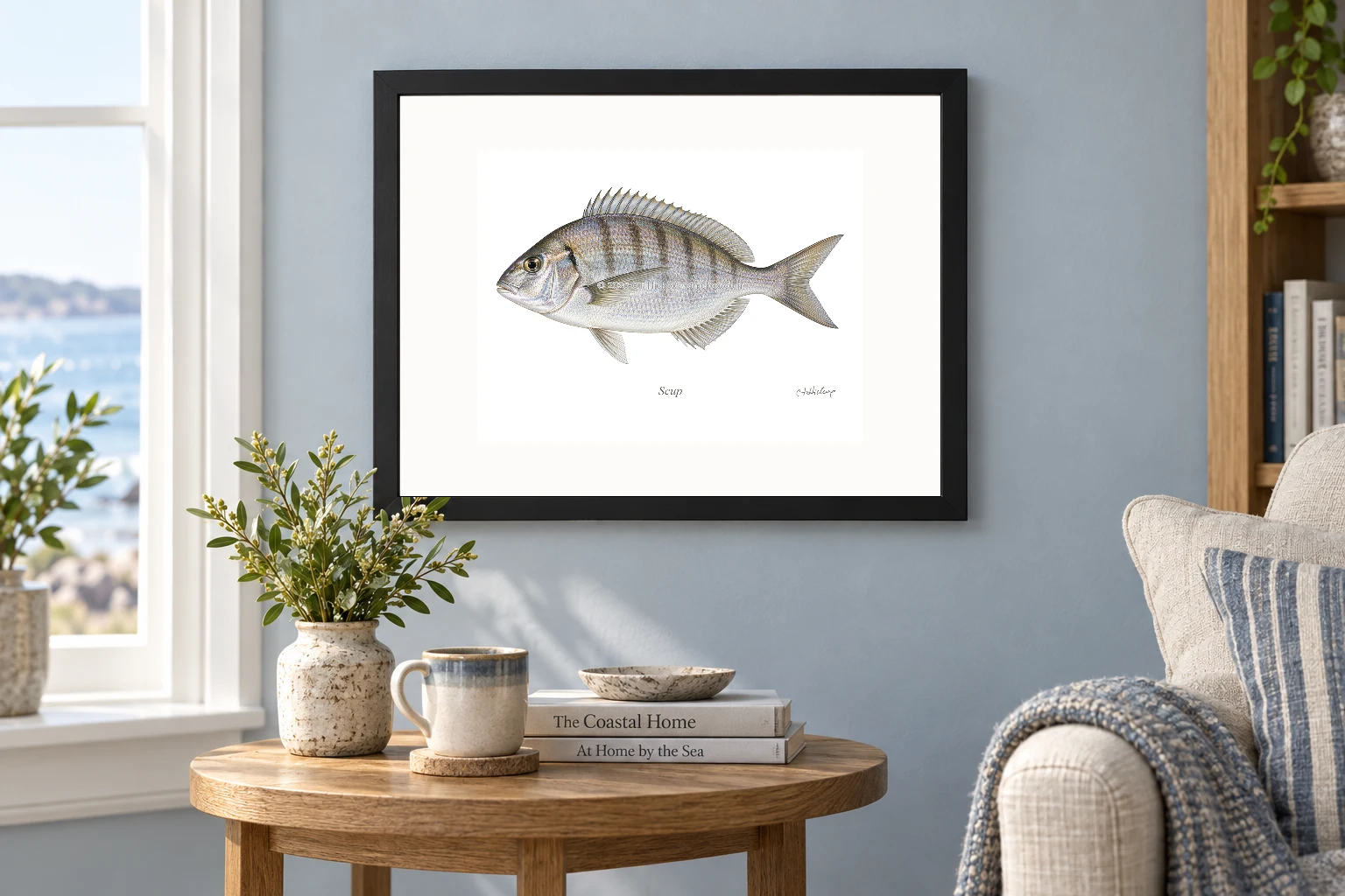 Scup in a black 14 × 11 landscape frame, white mat and 10 × 8 opening, above a wooden console