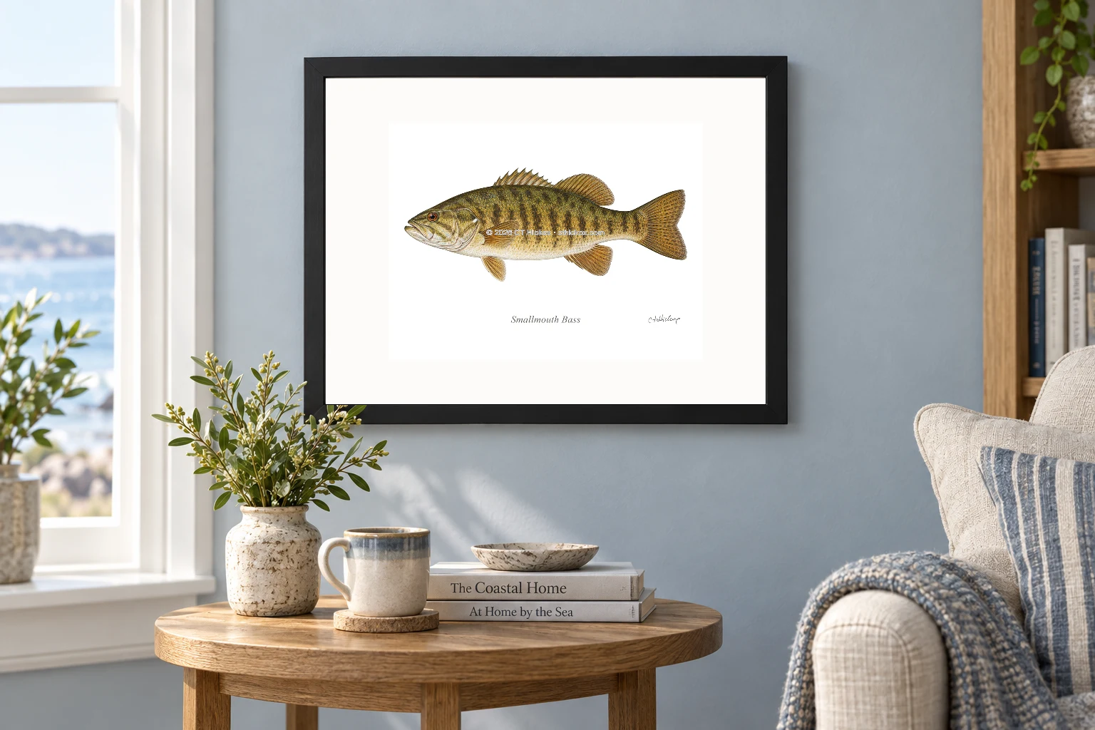 Smallmouth Bass in a black 14 × 11 landscape frame, white mat and 10 × 8 opening, above a wooden console